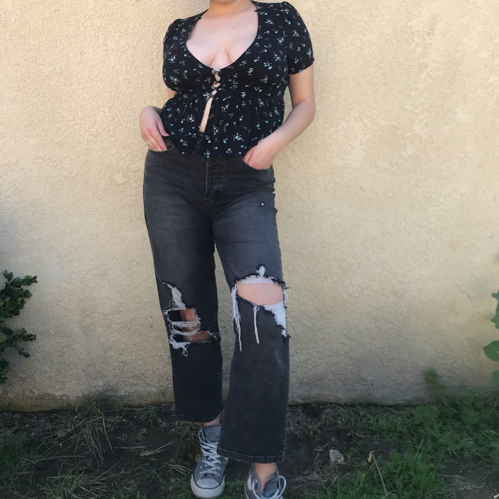 black blouse with blue flowers